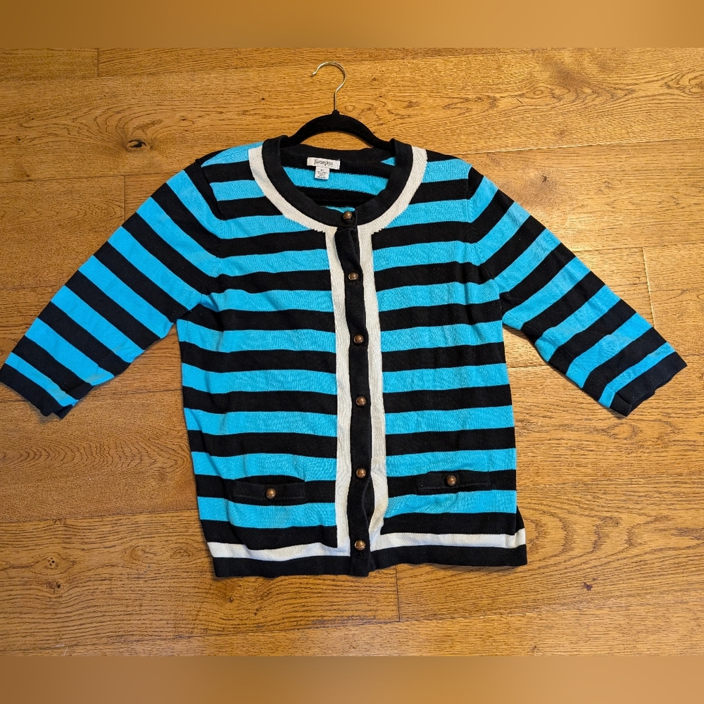 Hampshire Studio Women's Size XL Blue Black Stripe Vintage Sweater Gold Buttons